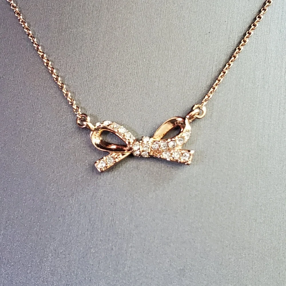 Kate Spade Rose Gold Pave Crystal Bow Pendant Necklace Dainty Designer Girly